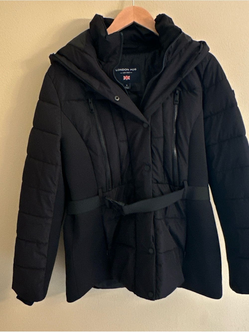 London Fog Women's Belted Puffer Coat Black Size Large Heavy Warm City Travel